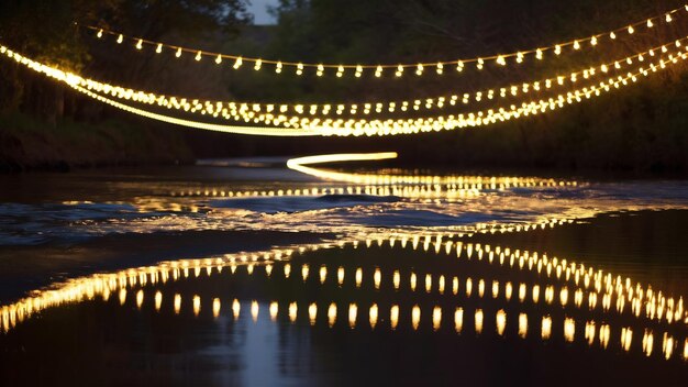 Photographie réfléchissante de chaînes de lumières au-dessus d'une rivière