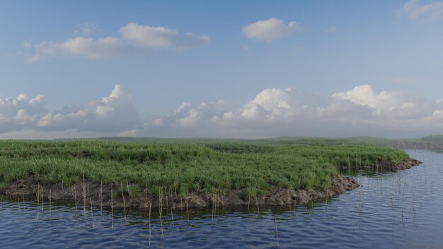 Photo photographie de rendu 3d de la nature avec marais et prairie