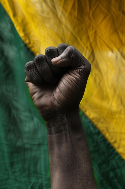 Photo une photographie représentant un poing noir levé sur le fond du drapeau brésilien