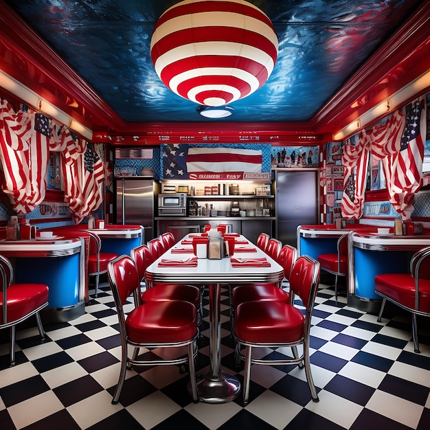 photographie d'un restaurant de style rétro avec un popart de fond de drapeau américain vibrant dans le genre pop art