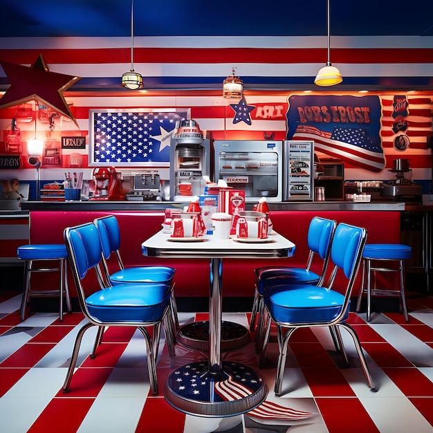 Photo photographie d'un restaurant de style rétro avec un popart de fond de drapeau américain vibrant dans le genre pop art