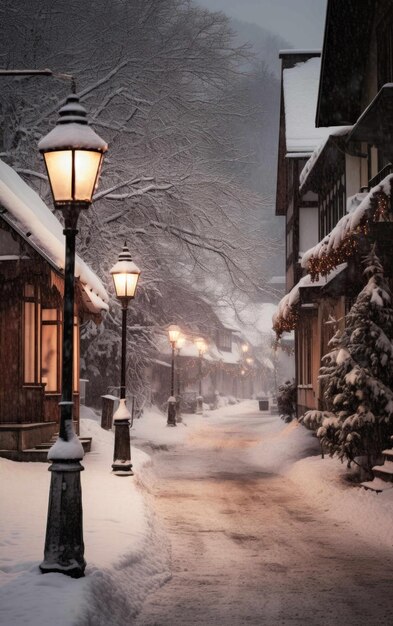 Photographie d'une rue déserte au milieu d'une légère chute de neige dans une petite ville de montagne