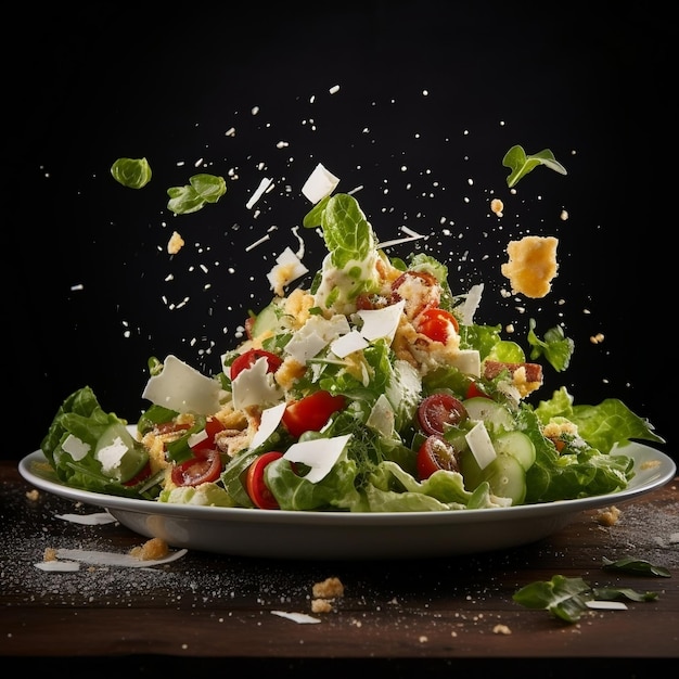 La photographie de la salade volante dans les airs avec du fromage et de la laitue