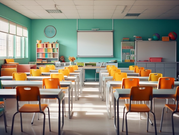 Photographie d'une salle de classe vide avec des murs bleus, des chaises jaunes et un tableau blanc.