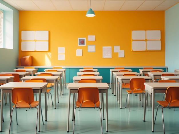 Photographie d'une salle de classe vide avec des murs bleus, des chaises jaunes et un tableau blanc.