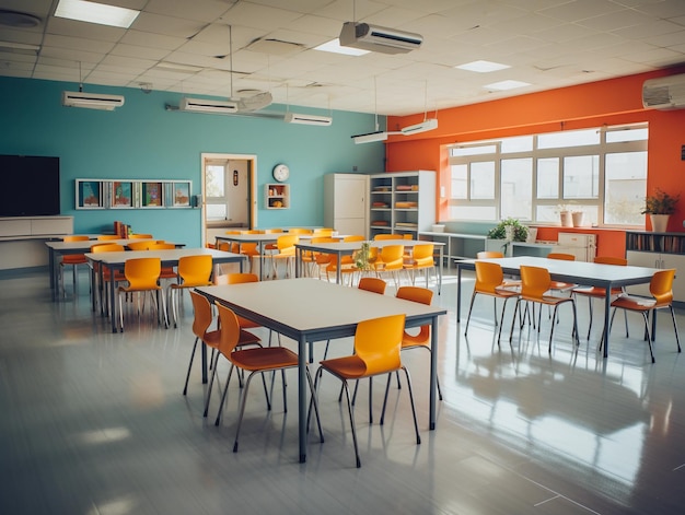 Photographie d'une salle de classe vide avec des murs bleus, des chaises orange et un tableau blanc.