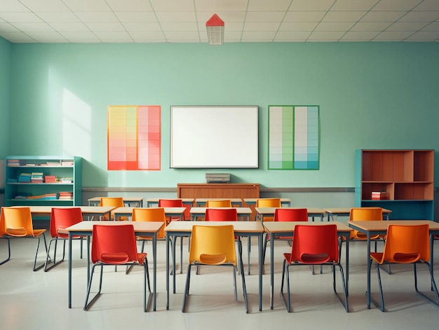 Photographie d'une salle de classe vide avec des murs gris, des chaises jaunes et un tableau blanc.