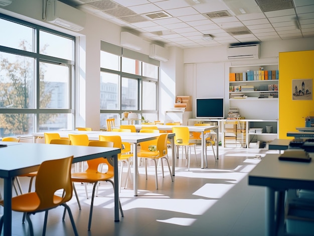 Photographie d'une salle de classe vide avec des murs gris, des chaises jaunes et un tableau blanc.