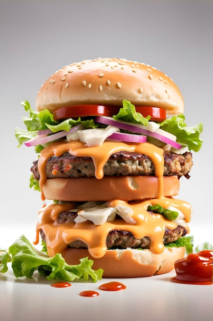 Photographie Savoureux Burger Salade Sens Sauce Barbecue Fromage Sauce Fromage Oignon sur bac blanc