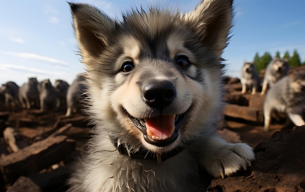 Photographie de selfie drôle de bébé loup mignon se bouchent