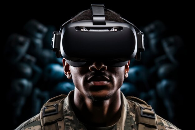 Photographie d'un soldat portant des lunettes de réalité virtuelle Technologie VR militaire