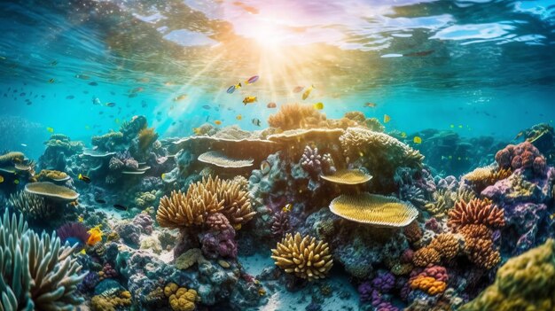 Photographie sous-marine de certains récifs avec le soleil au dessus