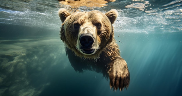 photographie sous-marine d'un ours brun nageant dans l'eau