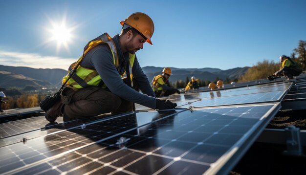 Photographie de stock de haute qualité Deux ingénieurs installant des panneaux solaires sur le toit