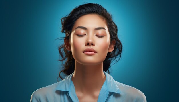 Photographie de studio en gros plan avec fond bleu uni d'une jeune femme asiatique méditant et avec elle