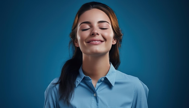 Photographie de studio en gros plan avec fond bleu uni d'une jeune femme souriante et avec ses yeux