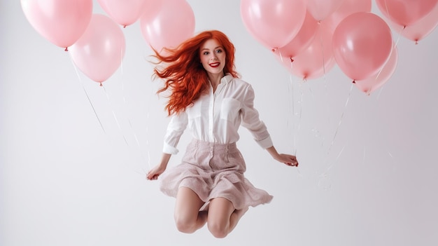 Photo photographie en studio d'une mannequin sautant avec des ballons d'air photo intérieure d'une femme aux cheveux roux