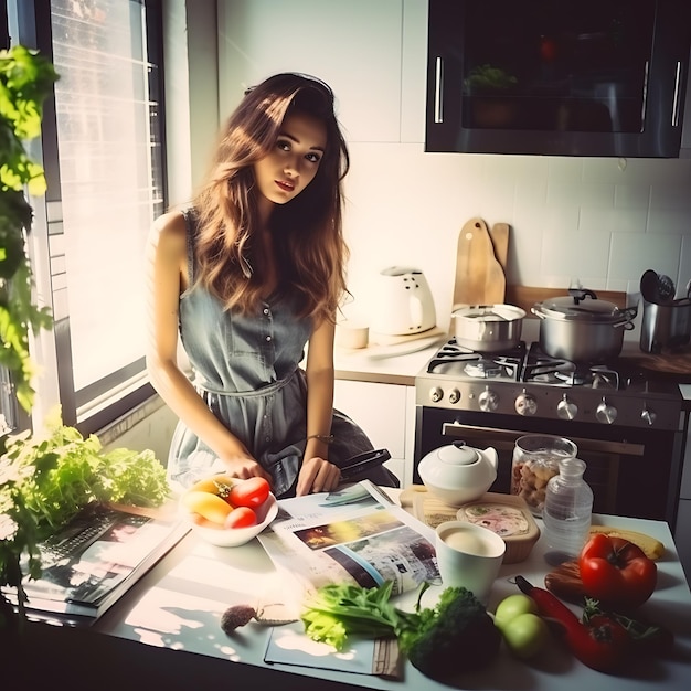 photographie de style polaroid d'une belle femme avec un beau corps attrayant dans la cuisine