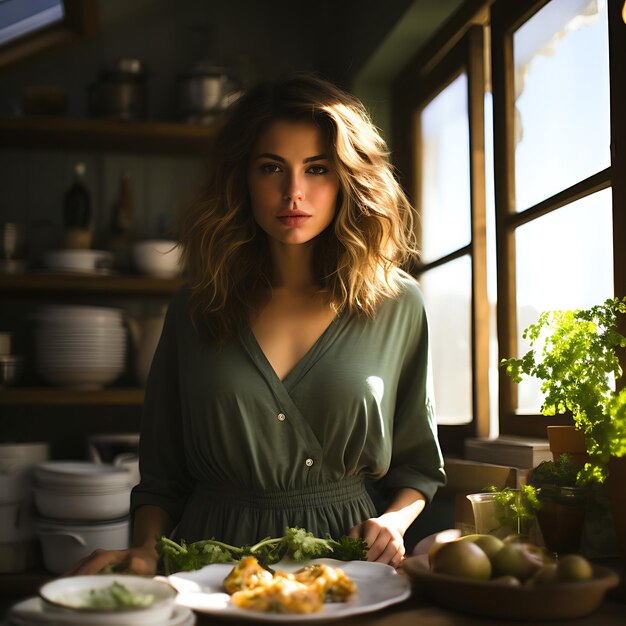 photographie de style polaroid d'une belle femme avec un beau corps attrayant dans la cuisine