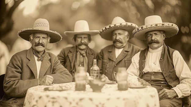 Photographie de style vintage de quatre hommes vêtus de vêtements traditionnels assis à une table en plein air