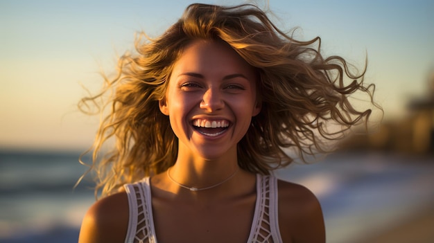 photographie de Summer Beach, portrait d'une femme blonde excitée, souriant largement