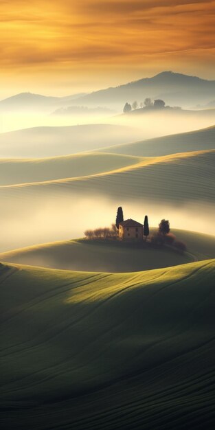 Une photographie surréaliste du paysage cinématographique des collines de la Toscane couvertes de brouillard