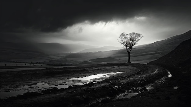 Photographie surréaliste en noir et blanc Arbre solitaire sur une route sombre et orageuse