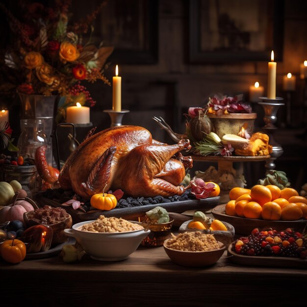 Photographie d'une table de Thanksgiving merveilleusement décorée pleine de nourriture et de détails magnifiques