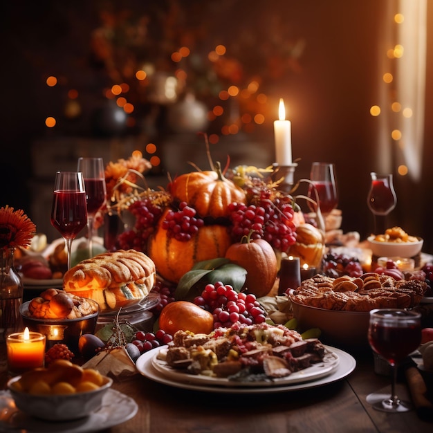 Photographie d'une table de Thanksgiving merveilleusement décorée pleine de nourriture et de détails magnifiques