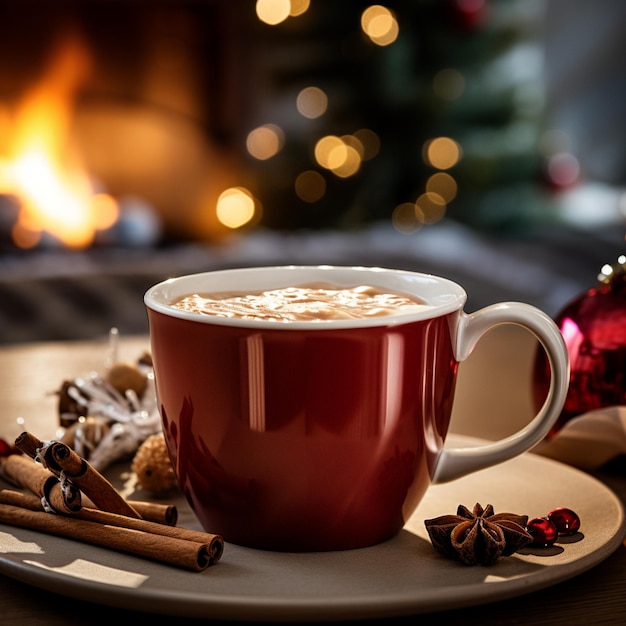 photographie d'une tasse de café avec un fond de Noël