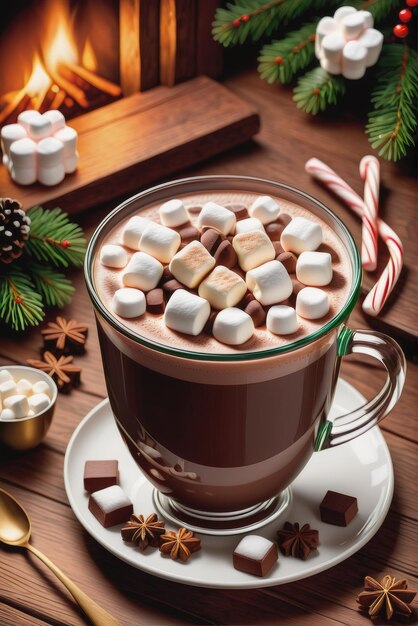 Photographie d'une tasse en verre remplie de cacao chaud ou de boisson au chocolat