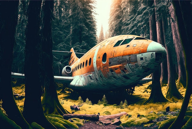 Photographie tonique d'un avion écrasé dans une forêt