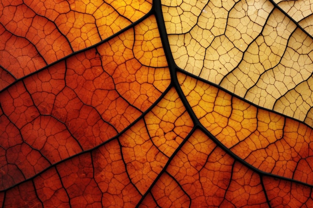 Une photographie très détaillée et en gros plan capturant la texture complexe d'une feuille mettant en valeur sa beauté naturelle Nervures des feuilles d'automne vue microscopique générée par l'IA