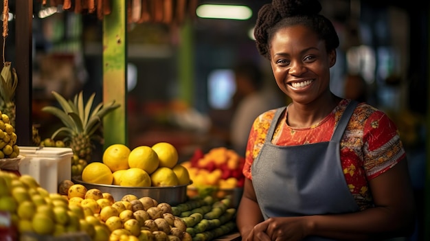 photographie d'une vendeuse afro-américaine joyeuse travaillant dans un magasin de fruits