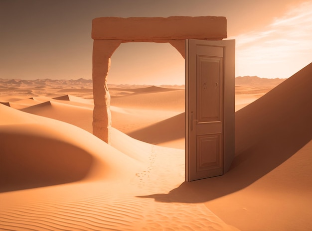 photographie véritable porte ouverte désert inconnu et concept de démarrage coucher de soleil
