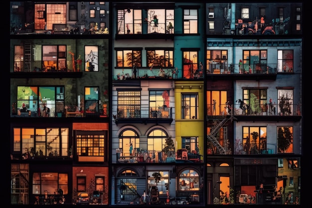 Une photographie d'une ville à plusieurs niveaux avec de nombreuses silhouettes colorées de fenêtres de différentes personnes et animaux de compagnie