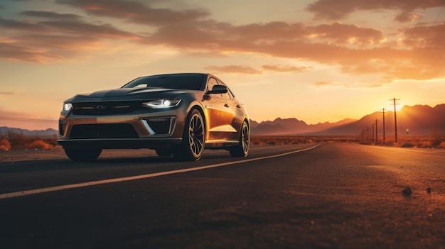 Une photographie de voiture au coucher du soleil réaliste à un angle bas à 8k