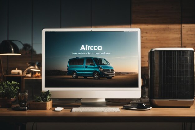 Photographie d'une voiture sur un écran d'ordinateur dans un environnement de bureau