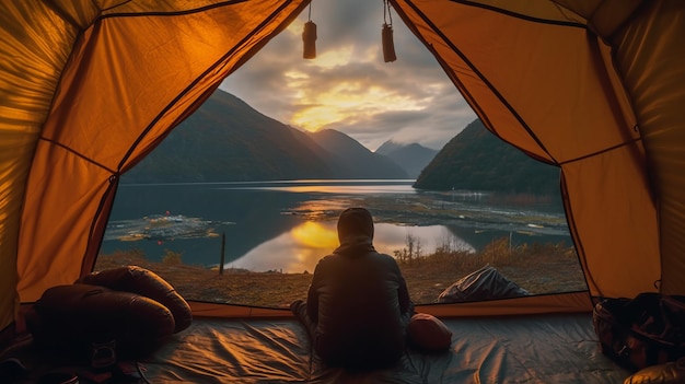 photographie La vue depuis l'intérieur de la tente donne sur les feux de joie des montagnes du lac