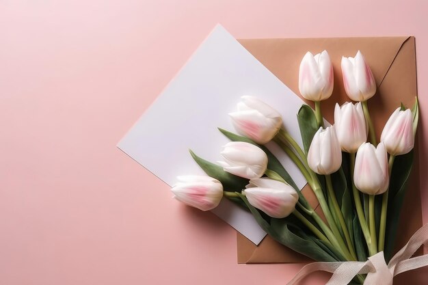 Photographie de la vue de dessus de l'espace de copie et de l'enveloppe rose et du bouquet de tulipes blanches avec copie coller fond rose AI générative