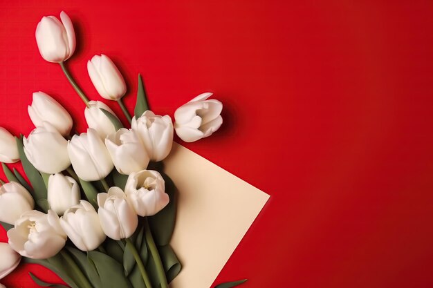 Photographie de la vue de dessus de l'espace de copie et de l'enveloppe rouge et du bouquet de tulipes blanches avec copie coller fond rouge AI générative