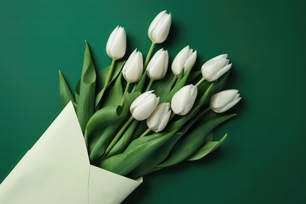 Photographie de la vue de dessus de l'espace de copie et de l'enveloppe verte et du bouquet de tulipes blanches avec copie coller fond vert AI générative