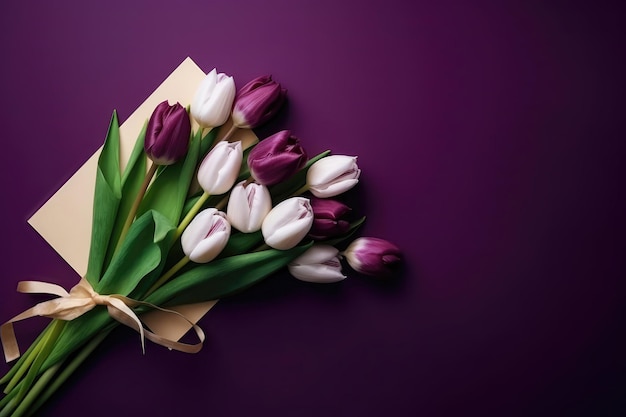 Photographie de la vue de dessus de l'espace de copie et de l'enveloppe violette et du bouquet de tulipes blanches avec copie coller fond violet AI générative