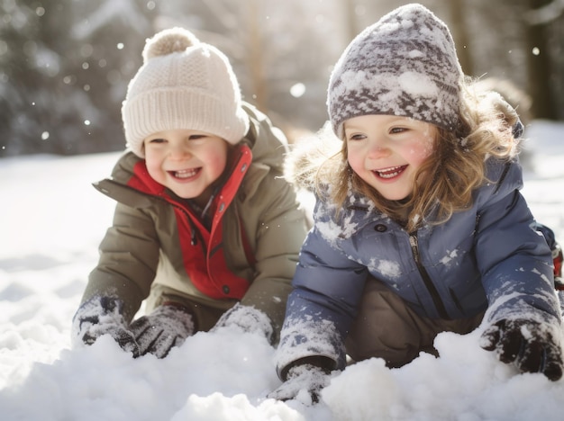 Photographier des enfants heureux jouant dans la neige en hiver