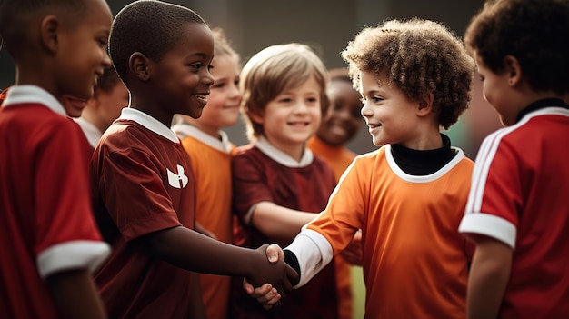 Photographier des enfants sportifs serrant la main à leurs adversaires dans un spectacle de sportivité