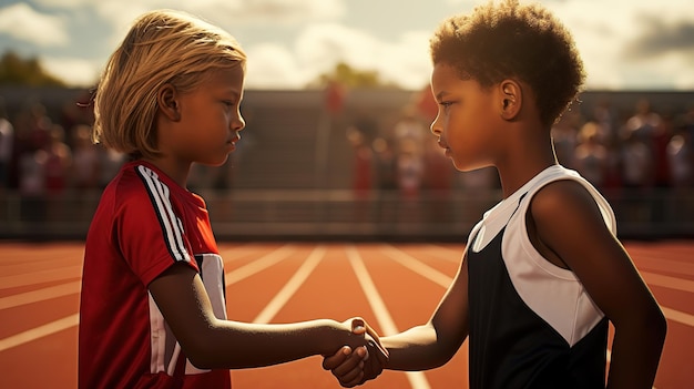 Photo photographier des enfants sportifs serrant la main à leurs adversaires dans un spectacle de sportivité