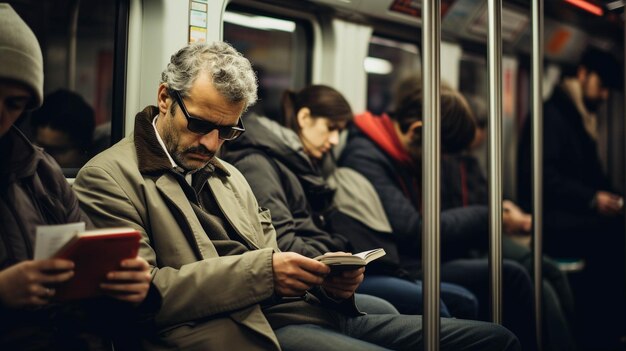 Photo photographier les gens absorbés par la lecture pendant le voyage, qu'il s'agisse d'un magazine ou d'un livre.