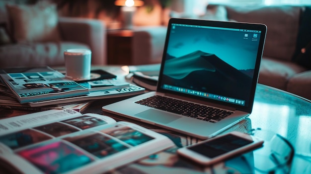 Photographier un ordinateur portable et un smartphone placés sur une table à café élégante