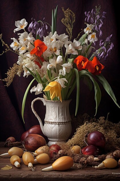 Photo photographier une simple et élégante nature morte de mrior entourée de fleurs du début du printemps telles que la neige