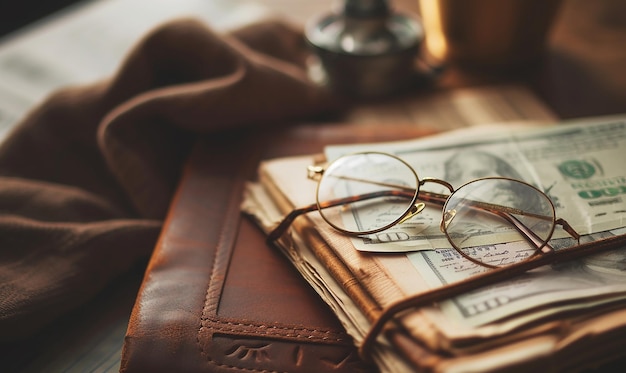 Photo photographies de finances dans un livre recouvert de cuir avec verre